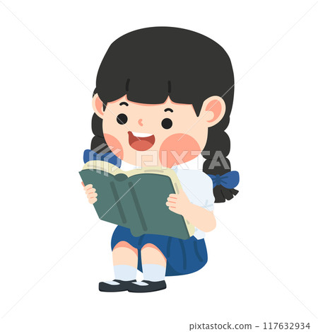 Kid girl sitting and reading a book Kid girl sitting and reading a book 117632934