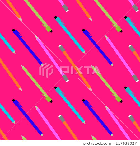 Vector School pattern with pencils, pens on a bright pink background. 117633027