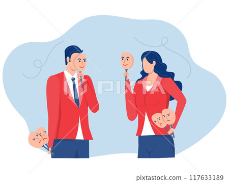 Social Masks With Fake emotion,Male and Female Characters Hiding Faces Behind Social Masks With Fake Positive or Indifferent Emotions vector 117633189