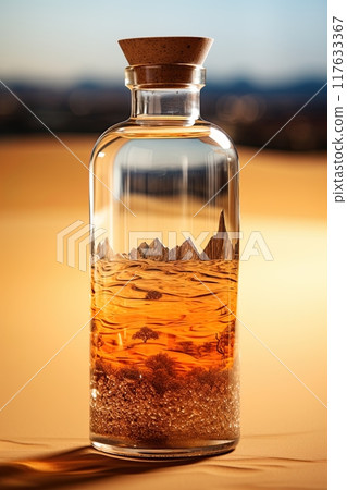 Glass bottle with desert inside it. Save water concept. Generative Ai Glass bottle with desert inside it. Save water concept. Generative Ai 117633367