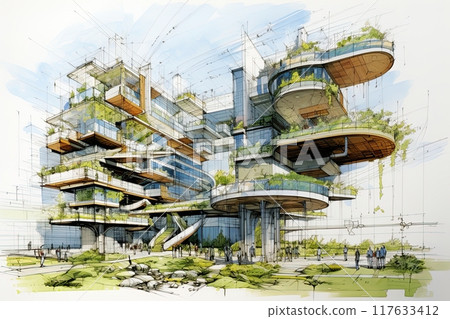 Architectural sketch of a modern futuristic house. Artwork poster design. Generative Ai illustration 117633412