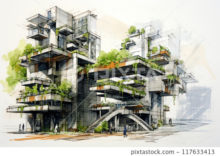 Architectural sketch of a modern futuristic house. Artwork poster design. Generative Ai illustration 117633413