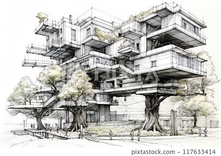Architectural sketch of a modern futuristic house. Artwork poster design. Generative Ai illustration 117633414