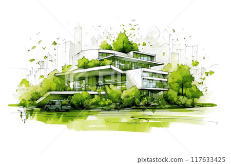 Futuristic house architectural sketch. Blueprint, technical drawing. Sustainable, green energy concept. Generative Ai illustration 117633425