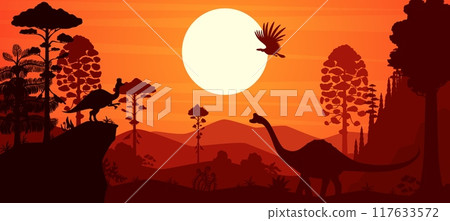 Prehistoric dinosaurs silhouettes in sunset forest or Jurassic era landscape, vector background. Cartoon prehistoric dinosaur lizards silhouettes of pelorosaurus, corythosaurus and argentavis bird 117633572