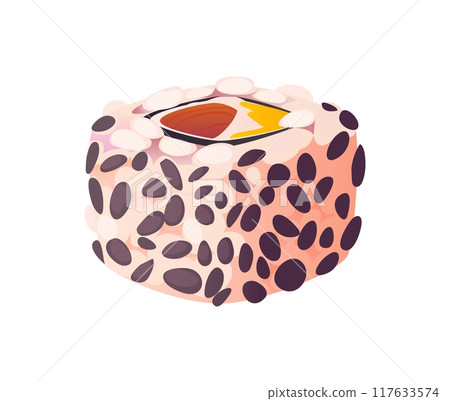 Cartoon uramaki Japanese sushi roll features a generous filling of tuna or salmon, enveloped in rice and liberally sprinkled with black sesame seeds. Isolated vector traditional Asian seafood meal Cartoon uramaki Japanese sushi roll features a generous filling of tuna or salmon, enveloped in rice and liberally sprinkled with black sesame seeds. Isolated vector traditional Asian seafood meal 117633574