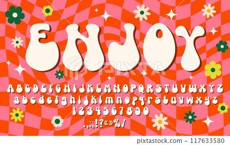 70s groovy psychedelic font, 60s trippy typeface, funky hippy type, retro alphabet letters, numbers and symbols. Bold, wavy, colorful, abc on red and pink checkered pattern with flowers and stars 70s groovy psychedelic font, 60s trippy typeface, funky hippy type, retro alphabet letters, numbers and symbols. Bold, wavy, colorful, abc on red and pink checkered pattern with flowers and stars 117633580