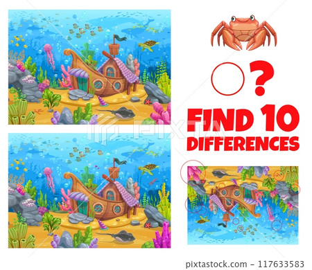 Find ten differences on ocean underwater landscape with sunken boat house. Vector kids board game worksheet with cartoon mermaid home on sea bottom. Educational children riddle, fun leisure activity 117633583