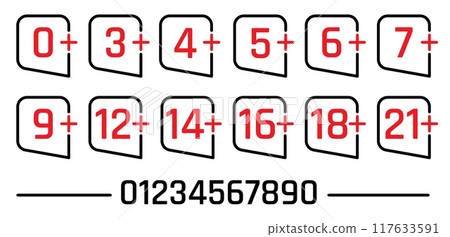 Under age signs, 18 plus icons for forbidden warning and age restrictions, vector labels. Underage signs for 0 to 21 years older adults for censor PG content and under age prohibition for kids toys Under age signs, 18 plus icons for forbidden warning and age restrictions, vector labels. Underage signs for 0 to 21 years older adults for censor PG content and under age prohibition for kids toys 117633591