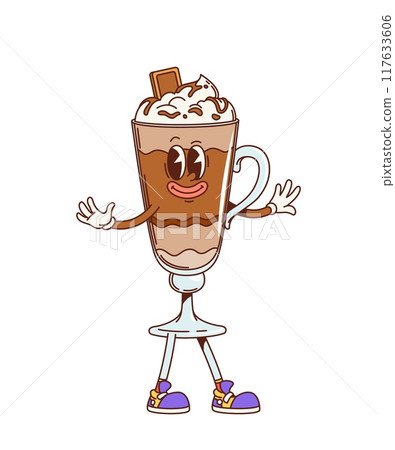 Retro groovy chocolate frappe dessert character. Isolated cartoon vector elegant cocktail drink glass personage with a smile, waving hand, topped with chocolate bar, whipped cream and wears sneakers 117633606