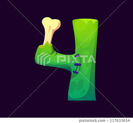 Number four Halloween font, cartoon evil type, funny scary typeface, spooky alphabet. Number 4 numeral symbol as green zombie with a seam and sticking b. Isolated vector abc typography digit sign 117633634