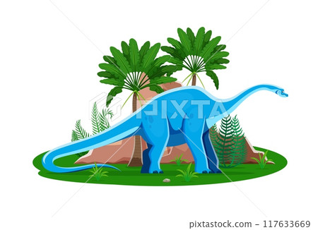 Haplocanthosaurus prehistoric dinosaur cartoon character. Isolated vector large herbivore ancient reptile dino animal in natural environment with green plants. Late Cretaceous paleontology era lizard 117633669