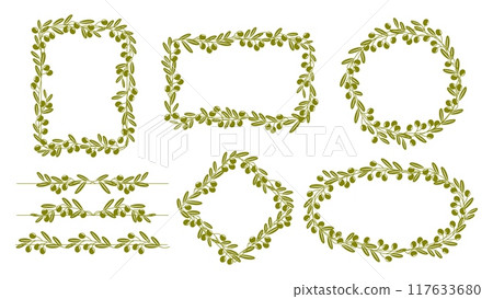 Olive leaves frame and border. Elegant oval, square, round, rectangular and rhombus shapes, dividers, decorative photo frames or elements for menu in natural Mediterranean style with olive leaves Olive leaves frame and border. Elegant oval, square, round, rectangular and rhombus shapes, dividers, decorative photo frames or elements for menu in natural Mediterranean style with olive leaves 117633680