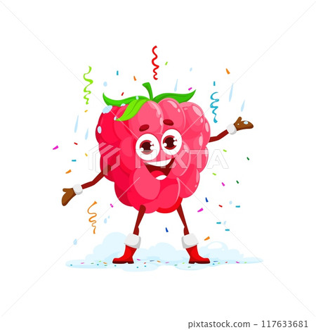 Cartoon Christmas raspberry berry character celebrate holiday. Happy vector fresh juicy personage in red gloves and boots enjoying festive fun under falling colorful confetti at Xmas bash celebration Cartoon Christmas raspberry berry character celebrate holiday. Happy vector fresh juicy personage in red gloves and boots enjoying festive fun under falling colorful confetti at Xmas bash celebration 117633681