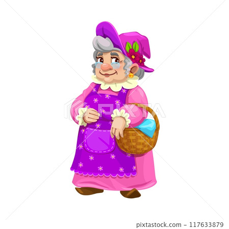 Cartoon gnome grandmother character with basket. Isolated vector adorable fairytale granny dwarf in traditional pink dress and apron, decorated with flowers, a matching bonnet, and carrying a pottle 117633879