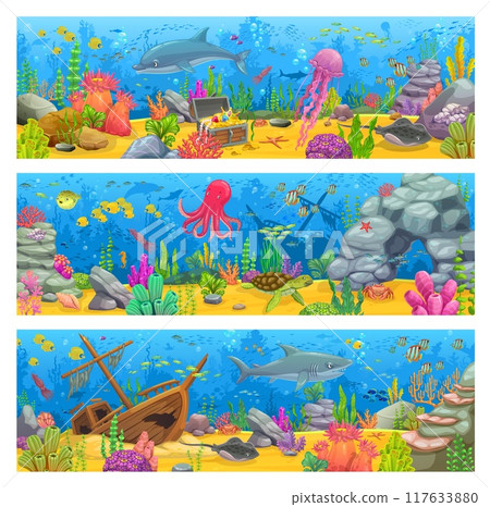 Cartoon underwater landscape banners, sea game level backgrounds with sunken ship, animals and seaweeds. Vector ocean bottom landscape with bright undersea biodiversity, treasure and shipwreck boat 117633880