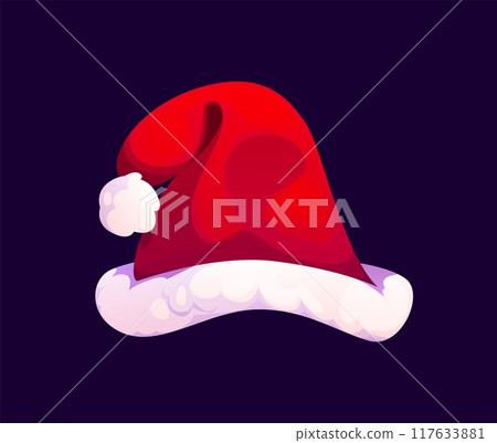 Cartoon Christmas Santa hat. Red, pointed cap with fluffy white pom-pom at the tip and a fur band around the base. Part of santa claus traditional outfit, symbolizing festive cheer and holiday spirit Cartoon Christmas Santa hat. Red, pointed cap with fluffy white pom-pom at the tip and a fur band around the base. Part of santa claus traditional outfit, symbolizing festive cheer and holiday spirit 117633881