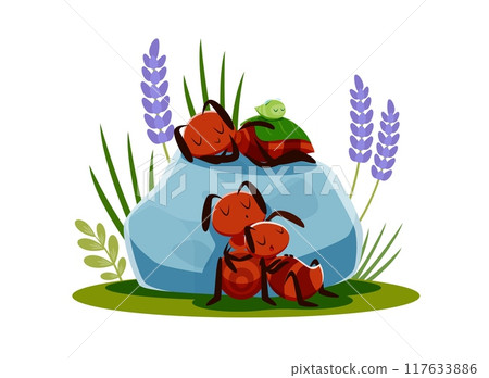 Ants family characters sleeping on meadow, funny termite insects in relax, cartoon vector. Tired ants family with baby and little caterpillar sleeping on stone with leaf cover for kids illustration Ants family characters sleeping on meadow, funny termite insects in relax, cartoon vector. Tired ants family with baby and little caterpillar sleeping on stone with leaf cover for kids illustration 117633886