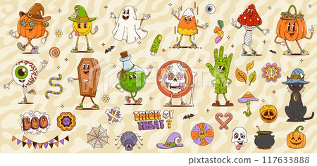 Retro cartoon groovy Halloween characters. Vector cute ghost, hippie pumpkin, trippy zombie hand, witch cat and mushroom. Psychedelic groovy Halloween skull monster, trick or treat candy, daisy flower Retro cartoon groovy Halloween characters. Vector cute ghost, hippie pumpkin, trippy zombie hand, witch cat and mushroom. Psychedelic groovy Halloween skull monster, trick or treat candy, daisy flower 117633888