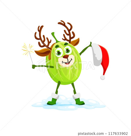 Cartoon Christmas gooseberry berry character with Santa hat, sparkler and deer horns. Isolated vector personage wearing reindeer antlers radiating joy and celebration, creates a merry holiday ambiance Cartoon Christmas gooseberry berry character with Santa hat, sparkler and deer horns. Isolated vector personage wearing reindeer antlers radiating joy and celebration, creates a merry holiday ambiance 117633902