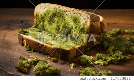 The old green mold on the rye bread. Spoiled food. Neural network ai generated art The old green mold on the rye bread. Spoiled food. Neural network ai generated art 117633921