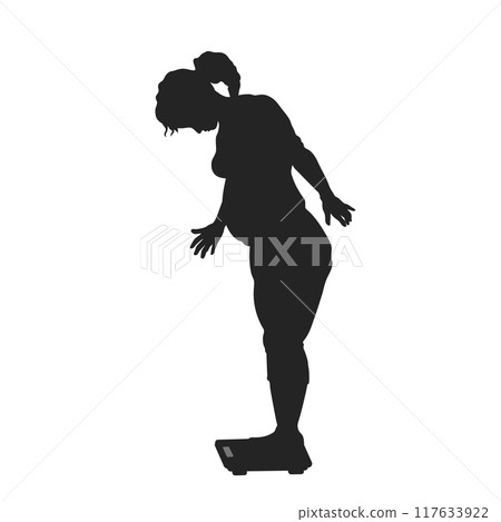Silhouette of fat woman on the scale. An overweight girl looks at his weight. Isolated drawing of unhappy adult leading an unhealthy lifestyle. Lady with a big belly side portrai Silhouette of fat woman on the scale. An overweight girl looks at his weight. Isolated drawing of unhappy adult leading an unhealthy lifestyle. Lady with a big belly side portrai 117633922