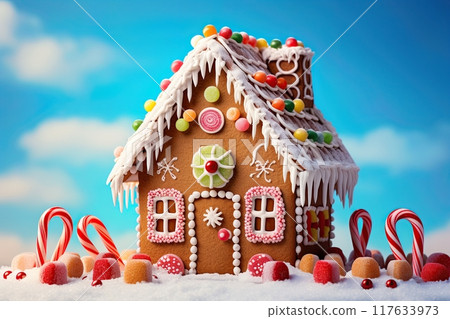 Gingerbread house made of candy and sweets. Christmas food and decoration. Generative Ai 117633973