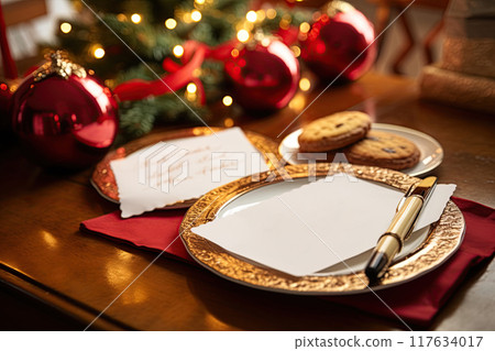 Empty sheet of paper in the plate at the kitchen table. Copy space, add text. Generative Ai 117634017