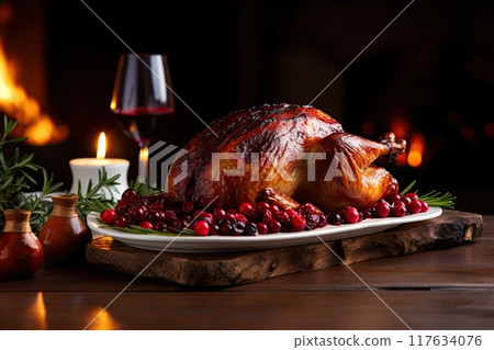 Duck Roast with cranberry sauce. Traditional Christmas dinner. Generative Ai 117634076