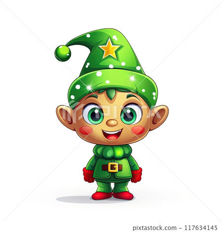Christmas Elf sticker. Emoticon, icon, clip art design. Generative Ai illustration Christmas Elf sticker. Emoticon, icon, clip art design. Generative Ai illustration 117634145