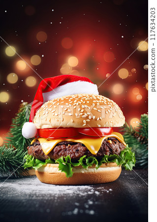 Burger with Santa Claus hat. Christmas food concept. Generative Ai 117634203