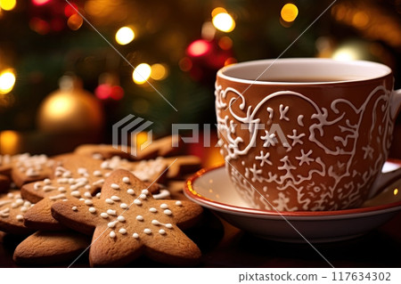 Coffee cup and gingerbread cookies. Christmas tree and lights in background. Generative Ai 117634302
