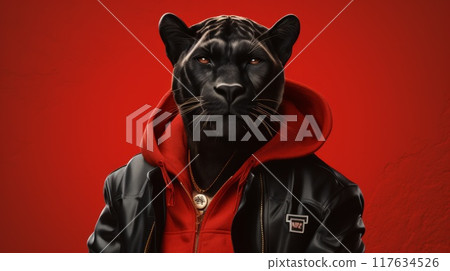 Panther in human trendy fashionable clothes. Neural network ai generated art 117634526