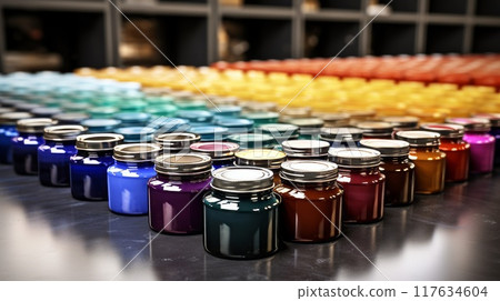 Many metal buckets for paint of different colors. Neural network ai generated art 117634604