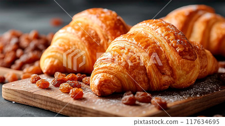 Freshly baked French Parisian croissants on white isolated background - AI generated image 117634695