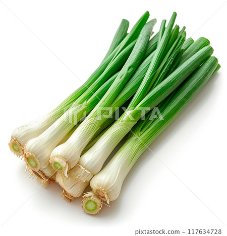 Fresh onion stems on white isolated background - AI generated image 117634728