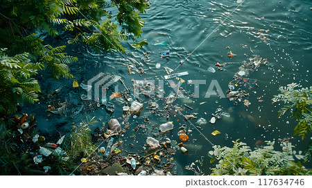 Garbage floats on the surface of a river, surrounded by greenery, illustrating environmental pollution in a natural habitat. 117634746