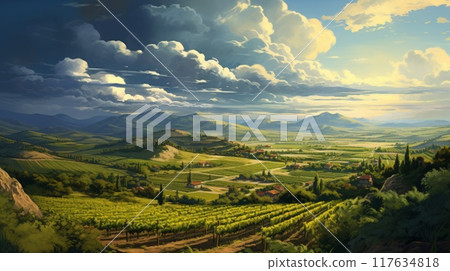 Langhe vineyards sunset panorama at daytime with cloudy sky. Neural network ai generated art Langhe vineyards sunset panorama at daytime with cloudy sky. Neural network ai generated art 117634818
