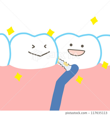A tooth character who is happy to clean with an interdental brush A tooth character who is happy to clean with an interdental brush 117635113
