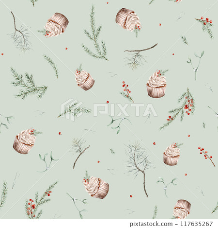 New Year seamless pattern with fir branches and red berries ilex or holly. Watercolor hand drawn illustrations Christmas cake on isolated background. For gift wrapping paper. 117635267