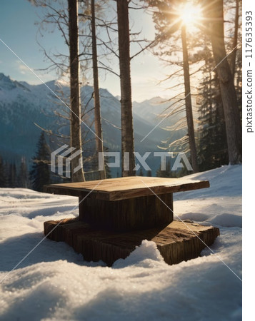Minimalist empty product podium in serene snowy forest and mountain setting ai 117635393