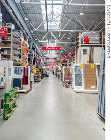 The Home Depot Store interior shopping aisles of sinks and cabinets. High quality photo 117635473