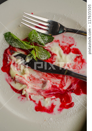 Empty white plate with fork and knife after cheesecake with berry sauce. High quality photo 117635505