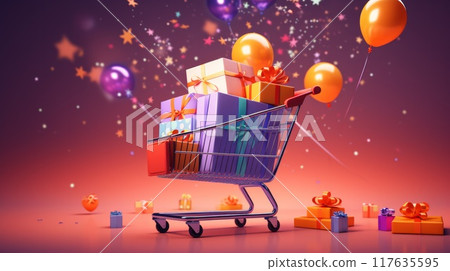 Shopping cart with a pile of wrapped gifts on festive background. Neural network ai generated art 117635595
