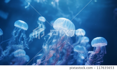 Many light blue jellyfishes in deep dark blue water. Neural network ai generated art 117635653