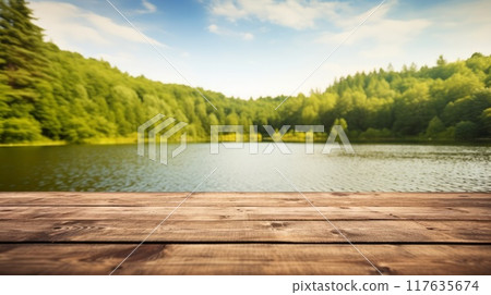 Wooden table top on blur green forest and lake or swamp. Fresh and Relax concept. Neural network ai generated art 117635674