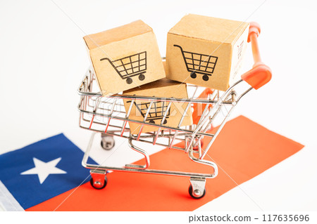 Chile flag with box shopping online cart logo. Import export shopping online. 117635696