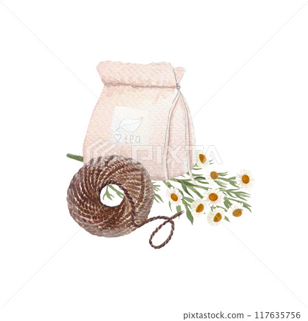 Homemade tea bags with chamomile and jute rope watercolor composition isolated on white. High quality hand drawn art great for stickers, tape, crafts and hobby, cards, tea, herbal medicine recipes 117635756