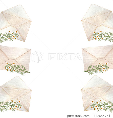 Envelope and chamomile, watercolor vertical frame isolated on white. Hand drawn high quality art. Simple flat style illustration for stationary designs, cards, notebooks, textile, packages design 117635761