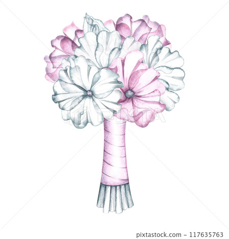 An elegant bouquet of pink and white flowers,the bride's wedding bouquet. Handmade watercolor illustration. For greeting and invitation cards, banners, flyers and posters, packaging. An elegant bouquet of pink and white flowers,the bride's wedding bouquet. Handmade watercolor illustration. For greeting and invitation cards, banners, flyers and posters, packaging. 117635763